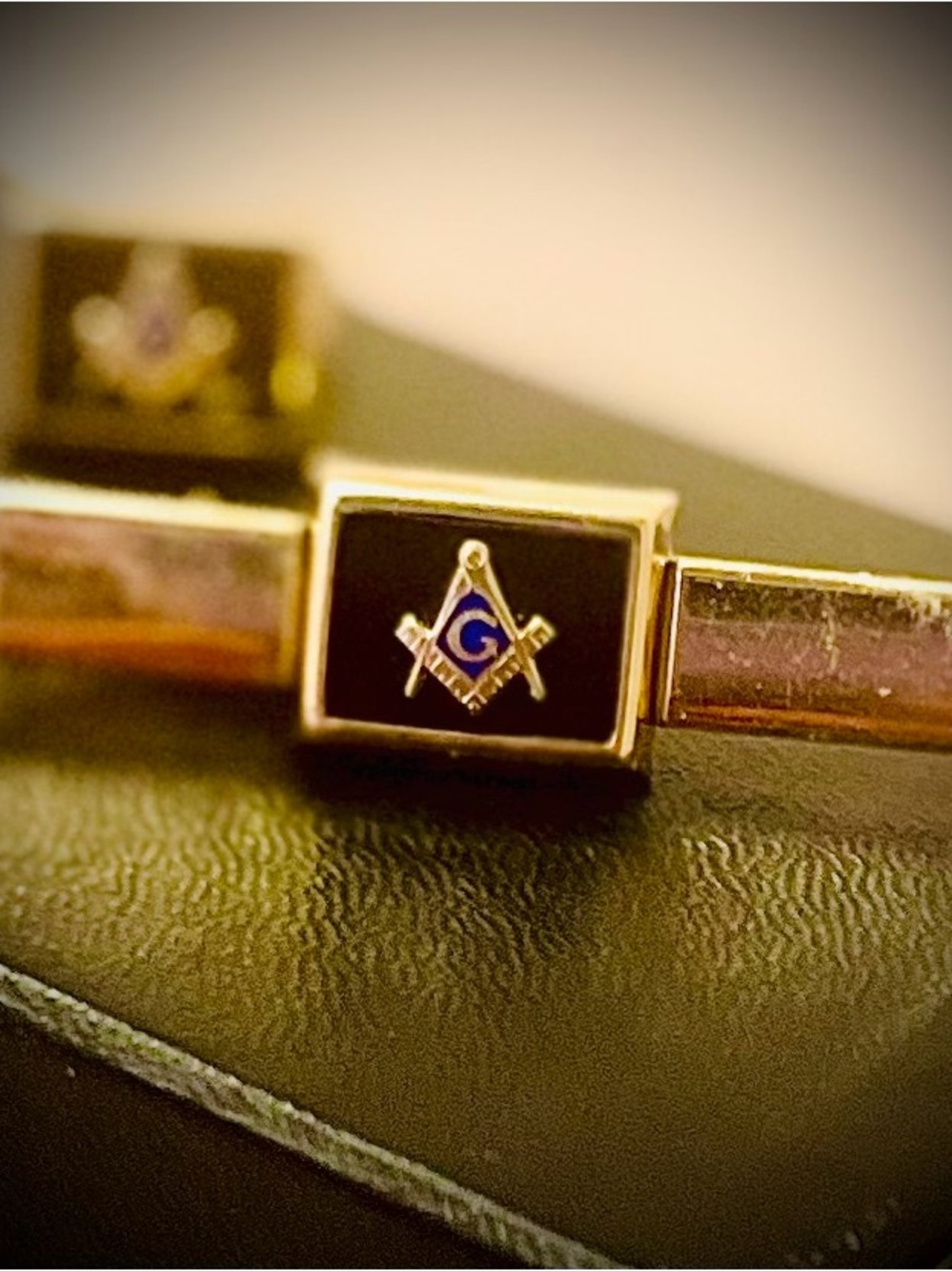 Vintage Anson Masonic Cufflinks & Tie Bar Set Gold Tone Black Enamel Mid-Century